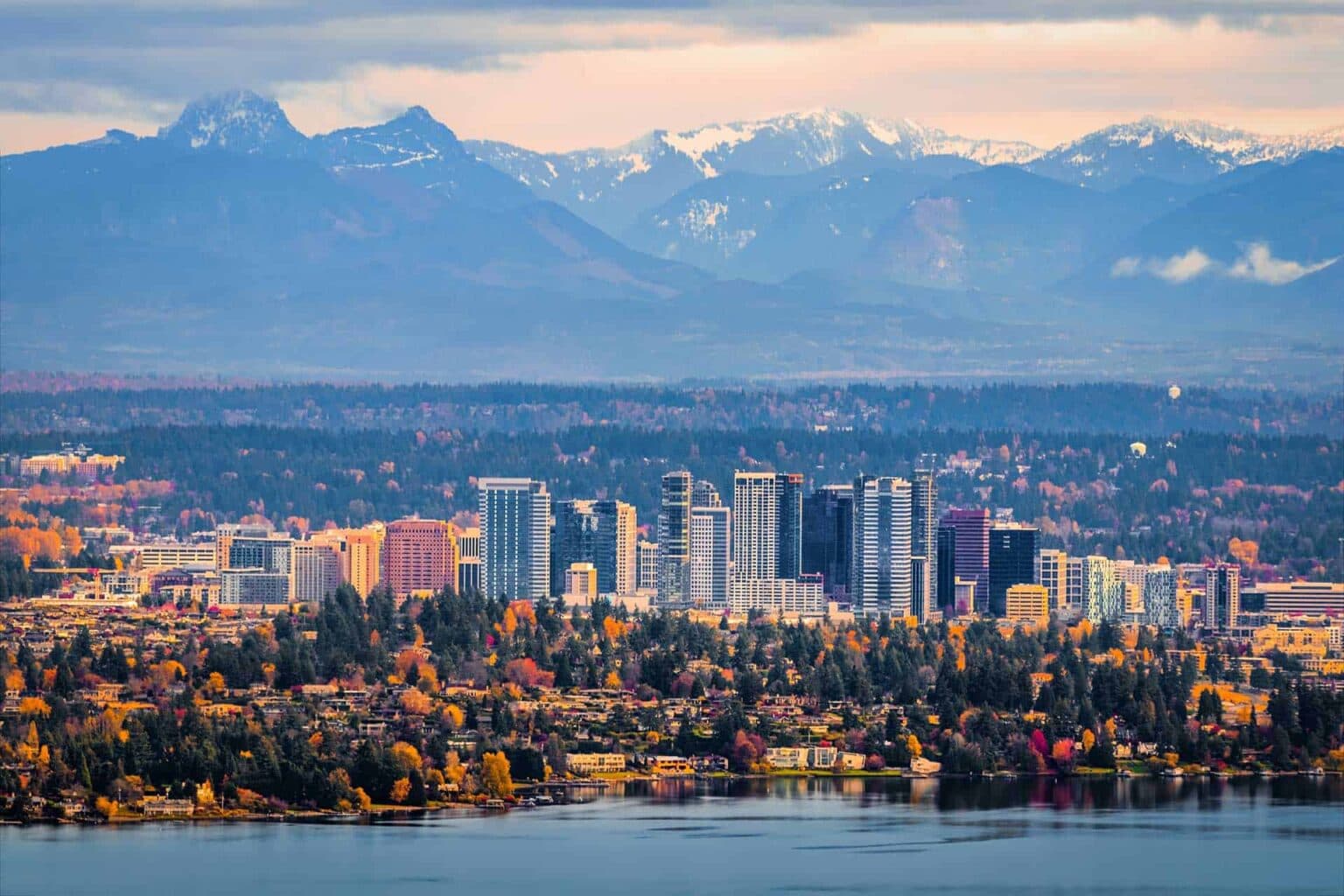 Aerial view of Bellevue, Washington, showing a mix of forested areas, suburban neighborhoods, and roads with Mount Rainier visible in the background under a clear blue sky.