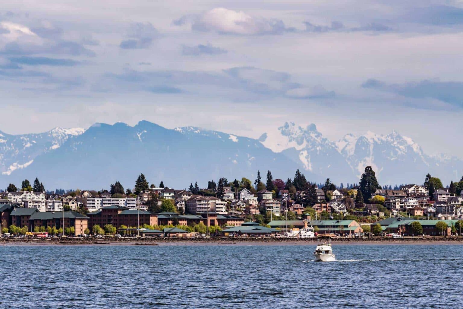 Aerial view of Everett, Washington, showing a mix of forested areas, suburban neighborhoods, and roads with Mount Rainier visible in the background under a clear blue sky.