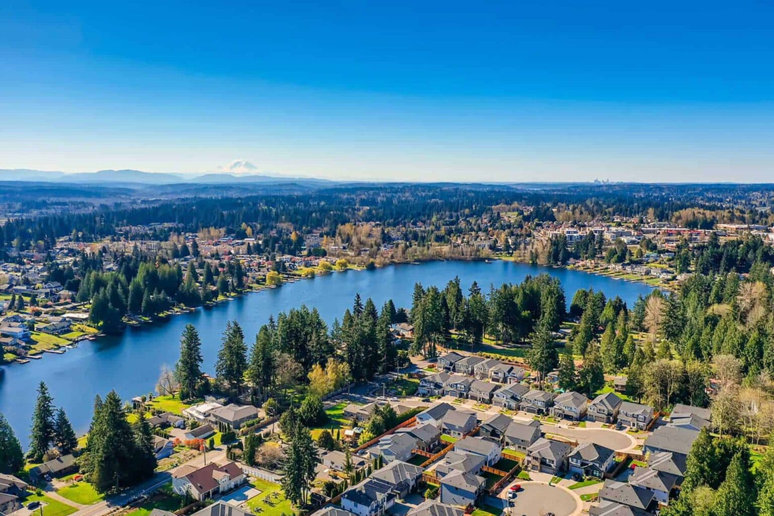 Aerial view of Lynnwood, Washington, showing a mix of forested areas, suburban neighborhoods, and roads with Mount Rainier visible in the background under a clear blue sky.
