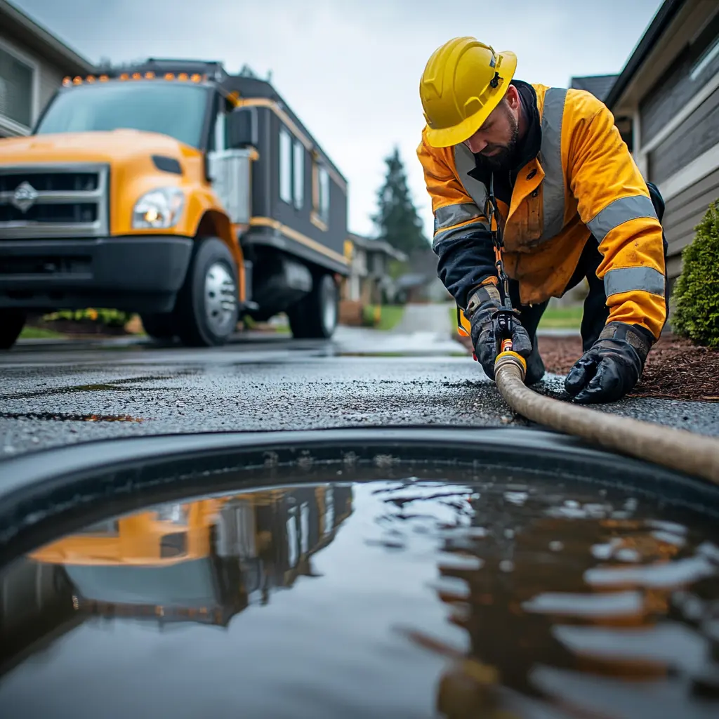 A professional plumber is cleaning a catch basin with a catch basin cleaning hose. A truck is in the background.