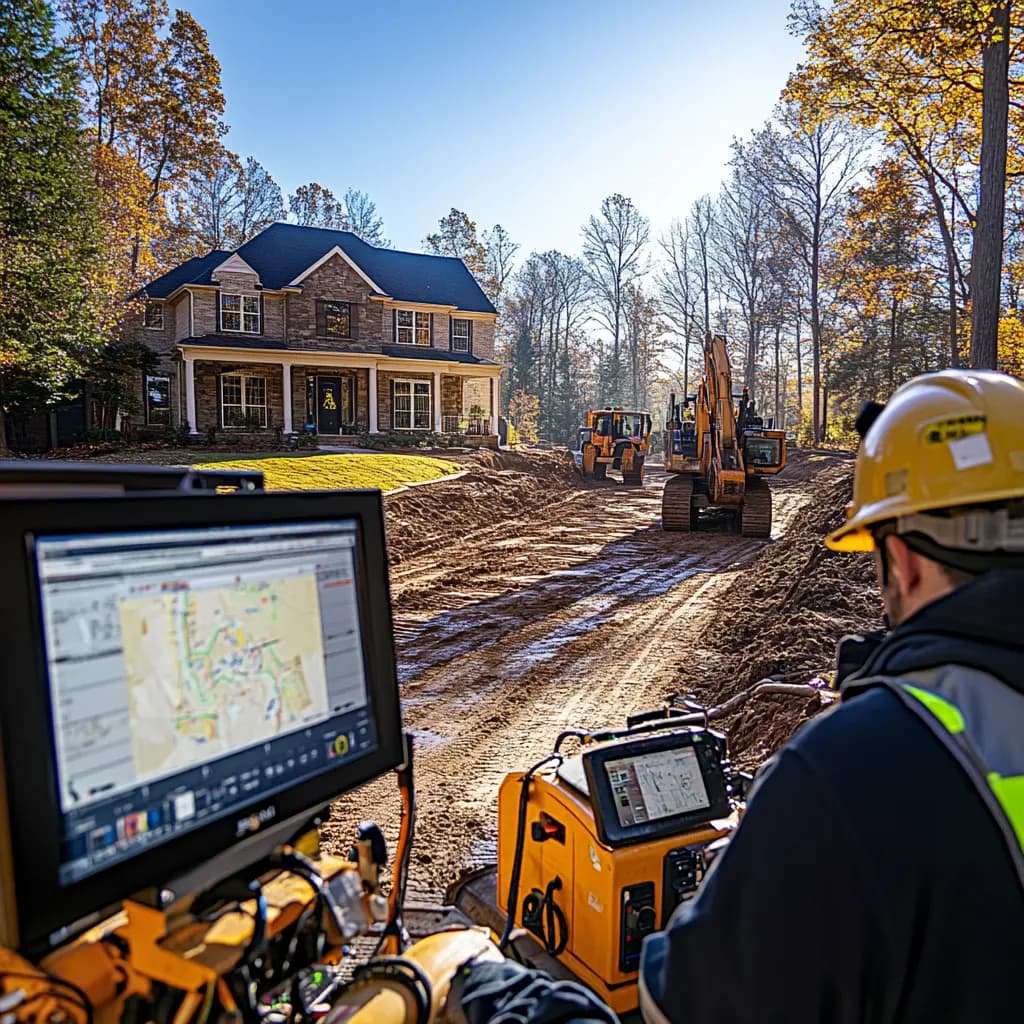 A professional plumber is working on a device with a monitor displaying a map. Two excavator machines are working in front a house.