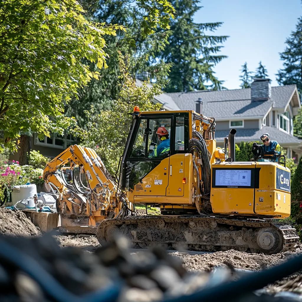A Bulldozer is working in front of a house.