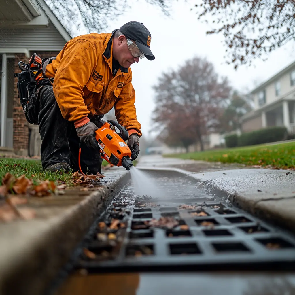 A professional plumber is cleaning a storm drain with a water jet cleaning machine.