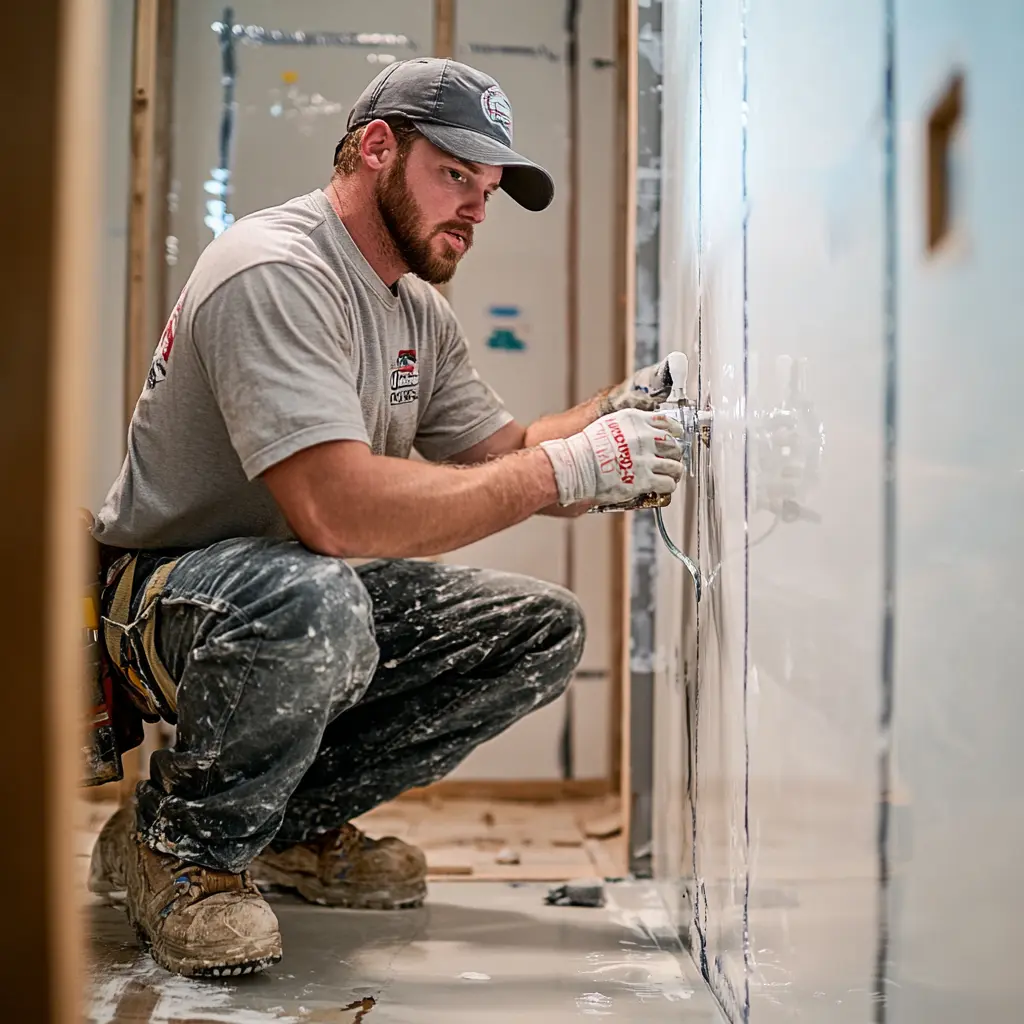 A professional plumber is working on bathroom addition.