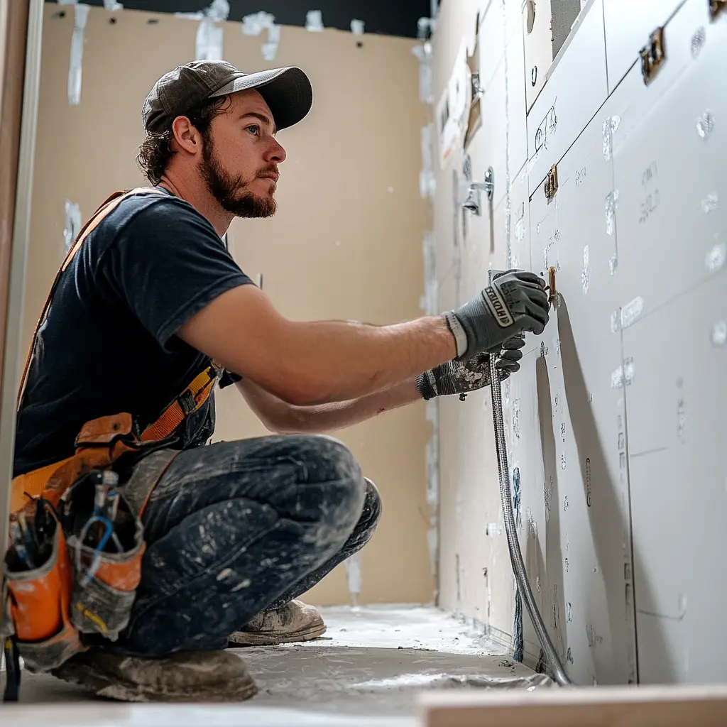 A professional plumber is working on bathroom addition.
