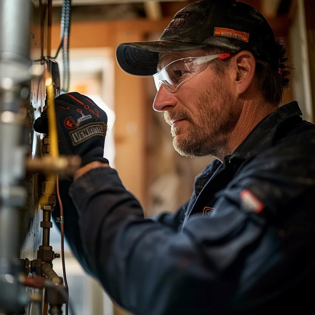 A professional plumber in replacing a direct vent gas water heater.