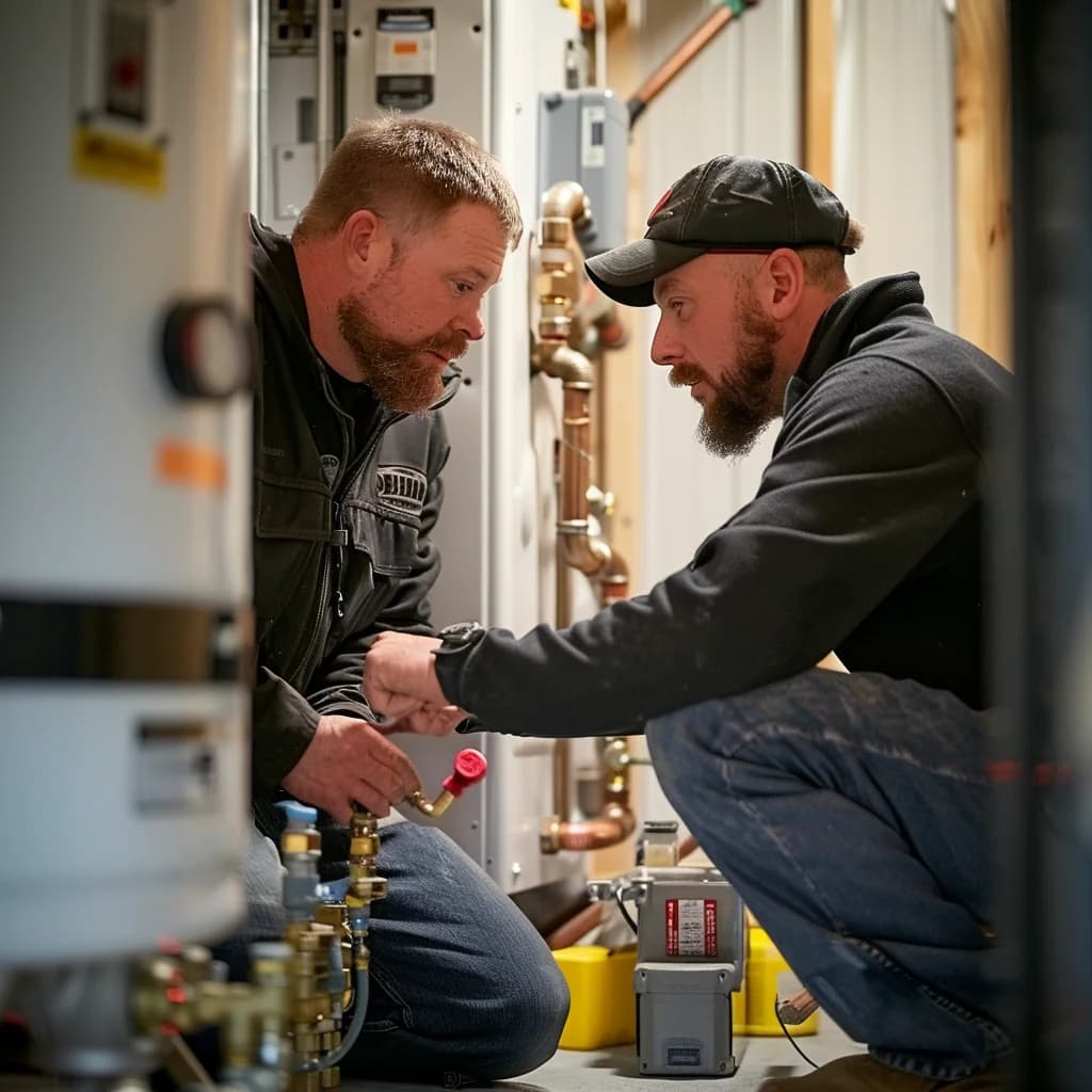 Two professional plumber are replacing a direct vent gas water heater.
