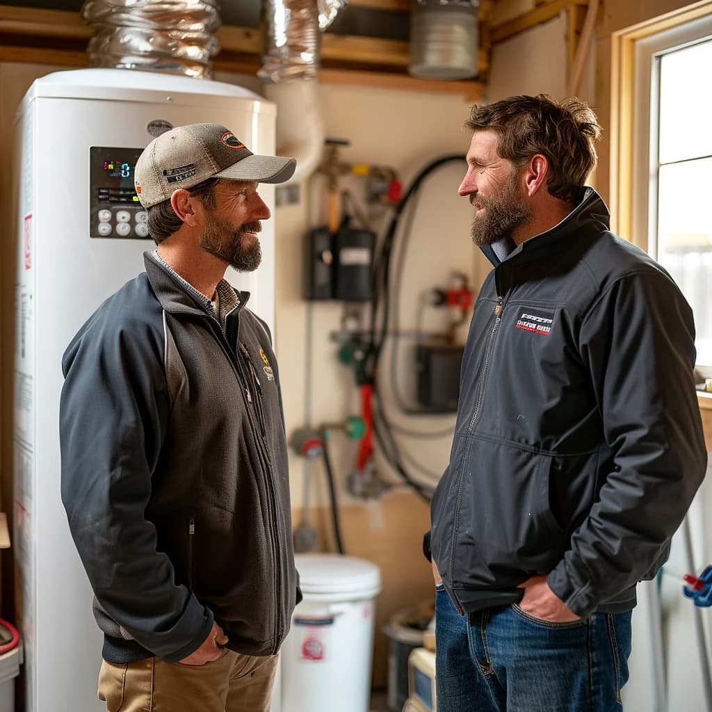 Two professional plumber are talking with a smile after installing an electric water heater.