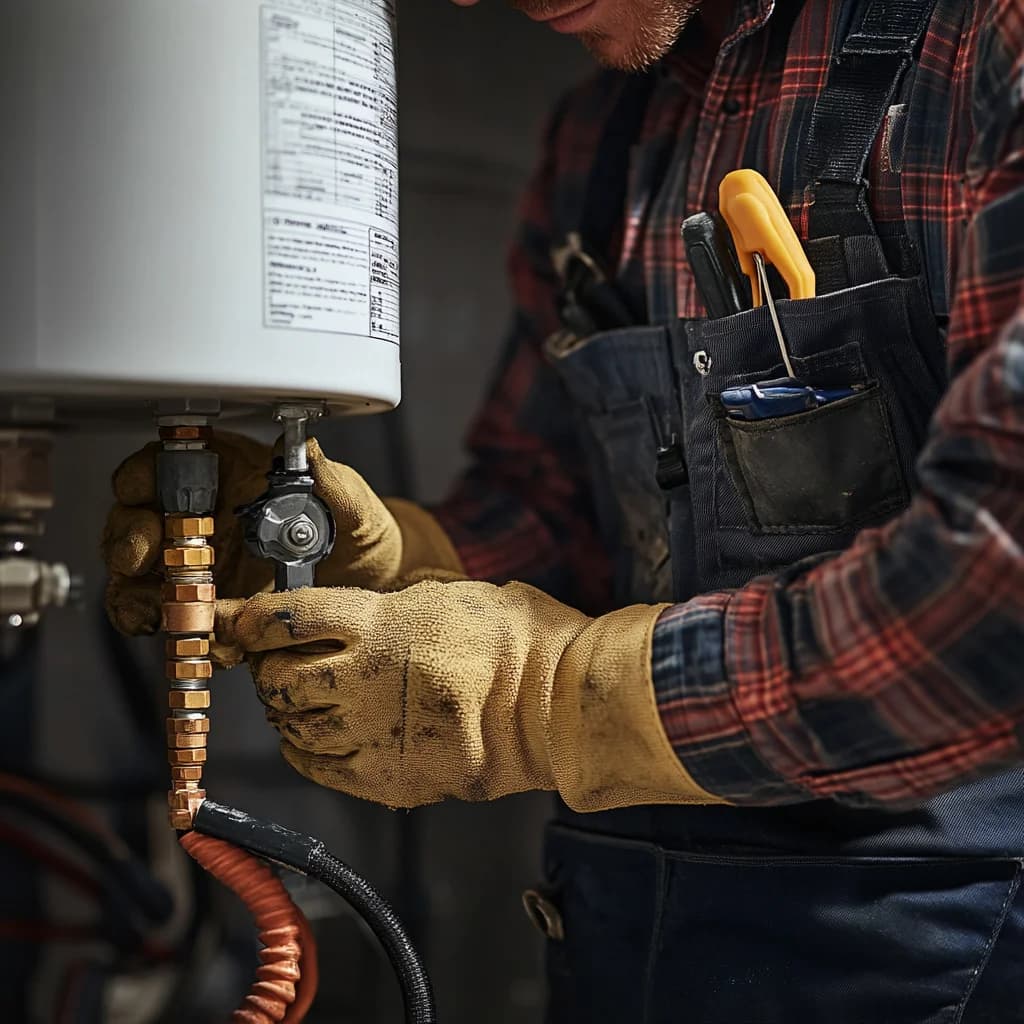 A professional plumber is repairing an electric water heater.