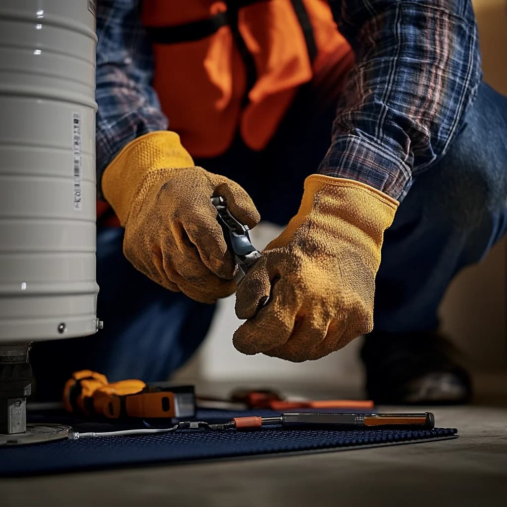 lose-up of a professional plumber’s hands wearing yellow safety gloves while holding tools, with additional tools scattered on the floor in front of him. An electric water heater is positioned beside him.