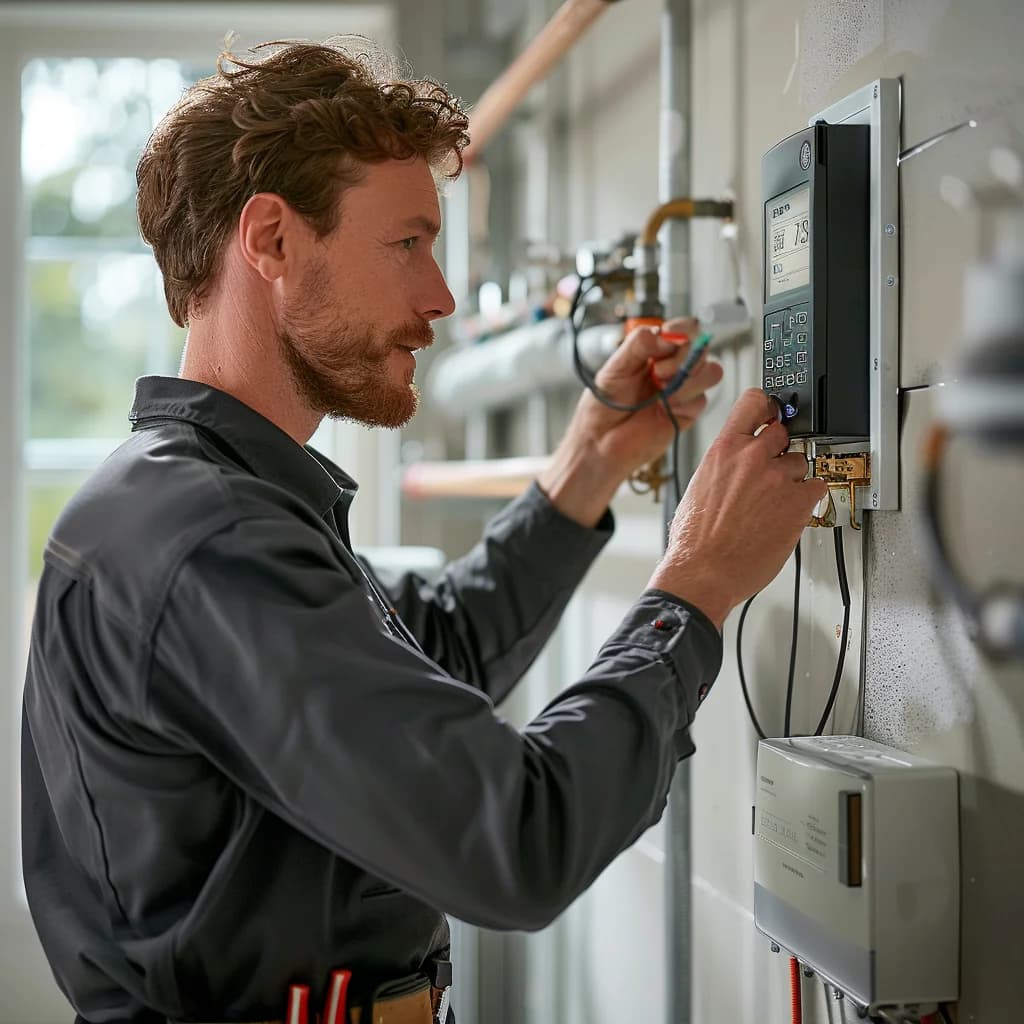 A professional plumber is working with a device to install an energy saving water heater.