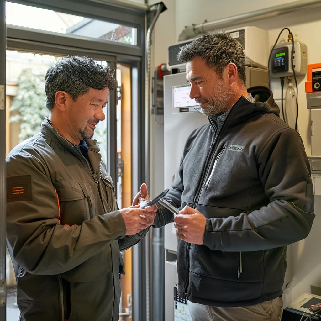 A home owner is talking to a professional plumber after installing an energy saving water heater.