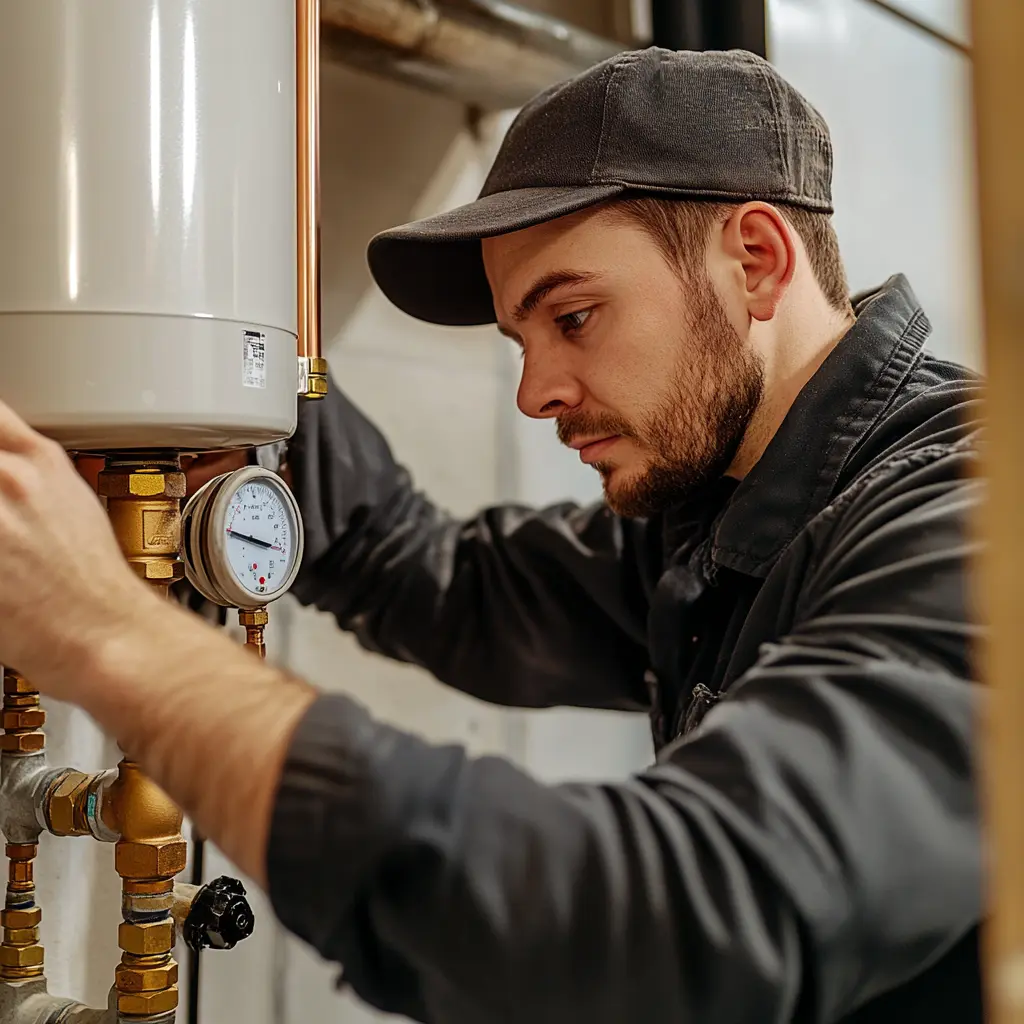 A professional plumber is replacing an expansion tank.