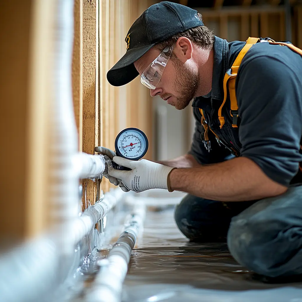 A professional plumber is working.