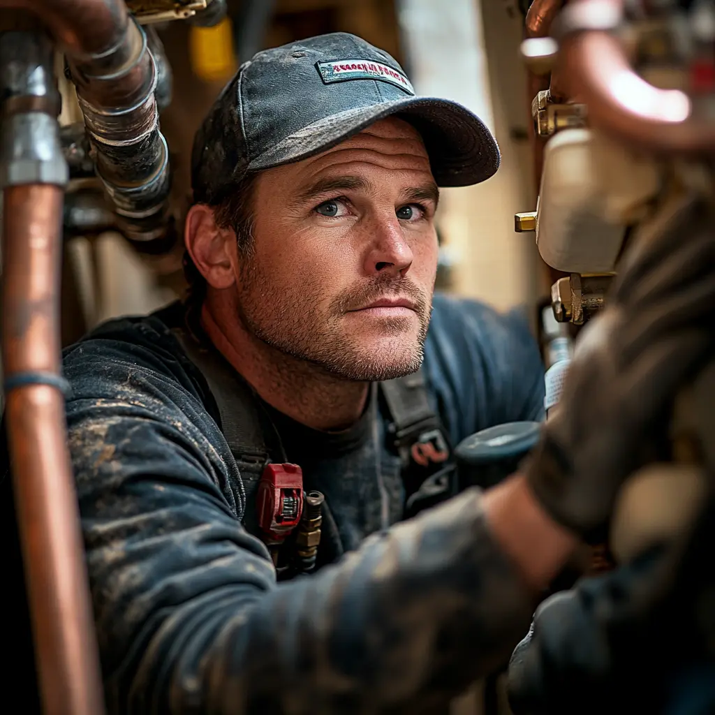 A professional plumber is working.