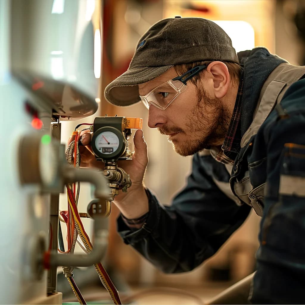 A professional plumber is installing a gas water heater.