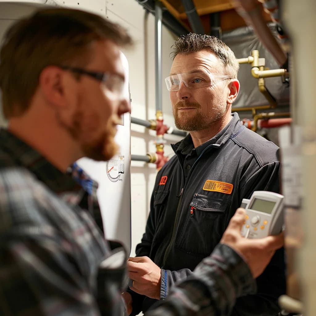 Two professional plumbers are installing a gas water heater.
