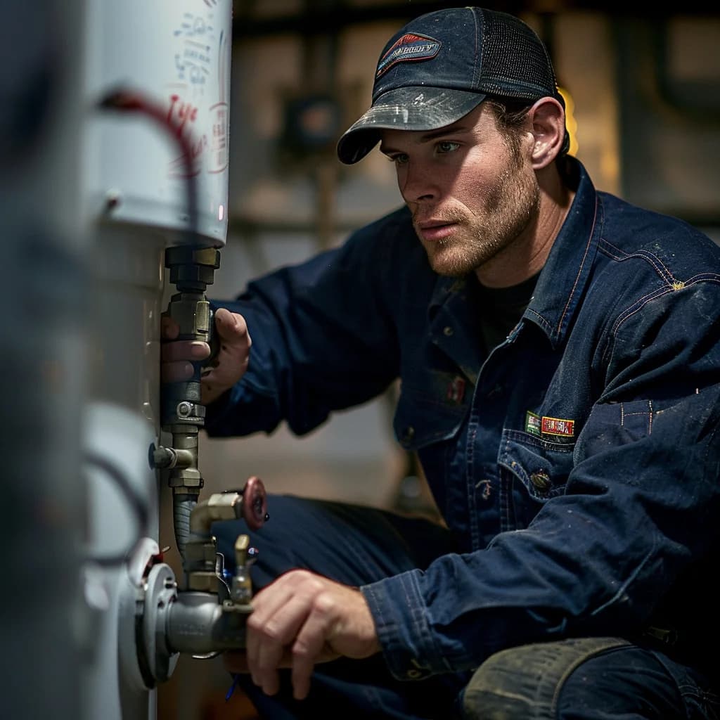 A professional plumber is repairing a gas water heater.