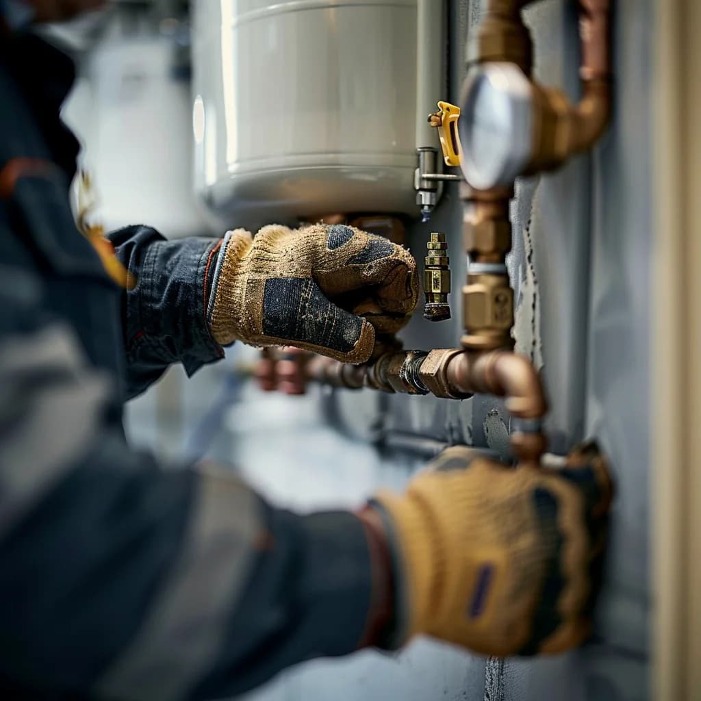 Close-up of a professional plumber’s hands wearing yellow safety gloves while handling tools during a gas water heater repair, with various tools spread on the floor and the gas water heater unit beside him.