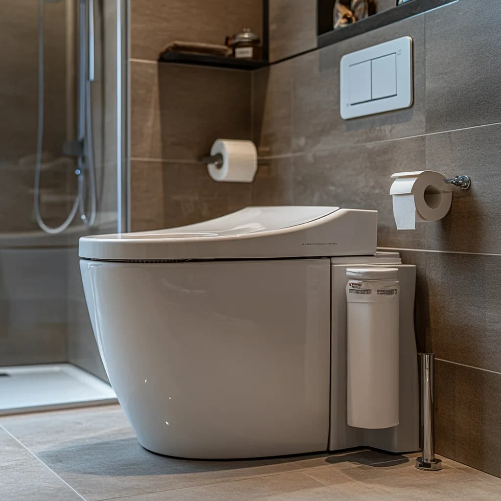 Contemporary bathroom with a sleek white toilet adjacent to dark cabinetry, set on a polished marble-patterned floor.