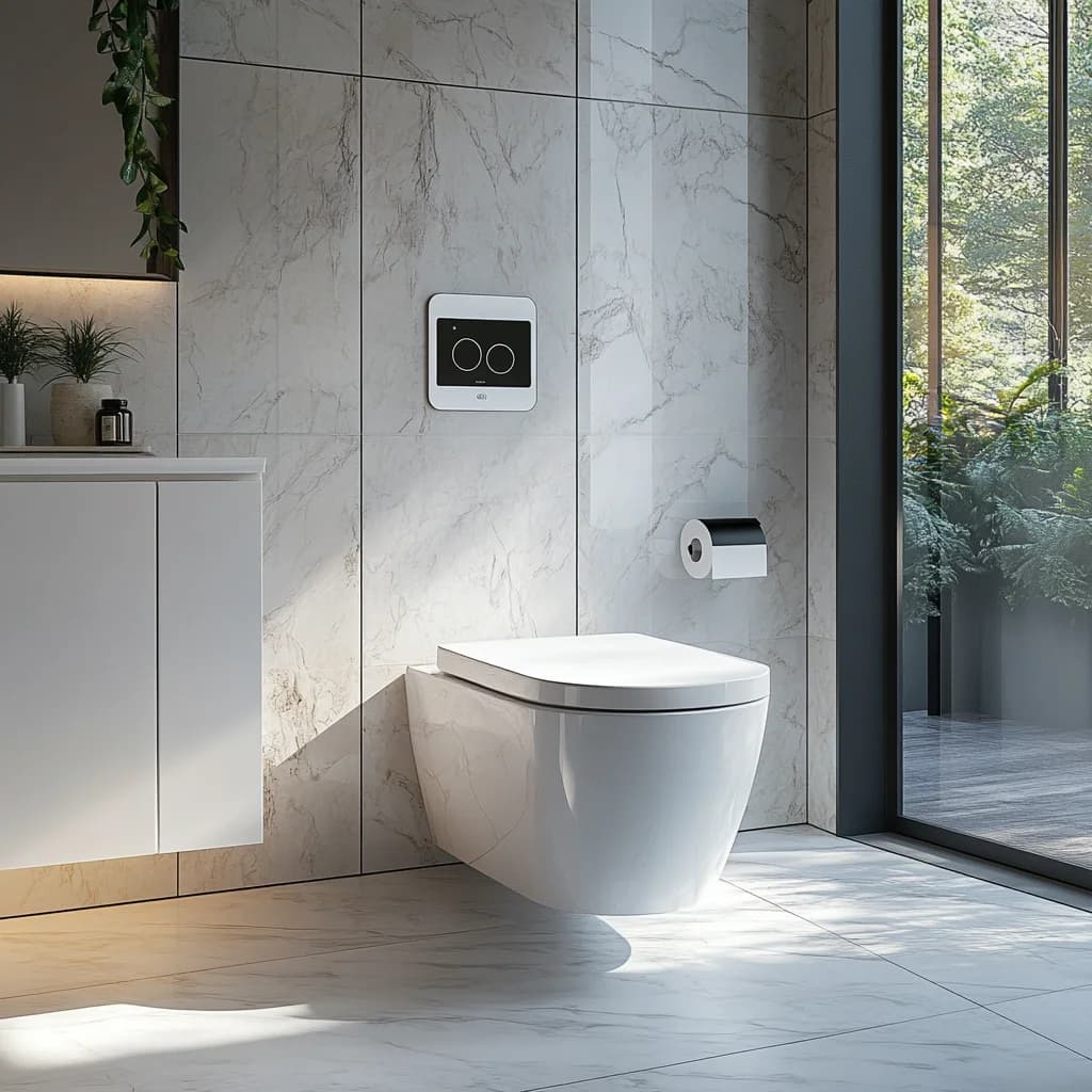 Natural light pours in through a large window, highlighting the clean design, while potted plants add a fresh, organic accent to the modern space.