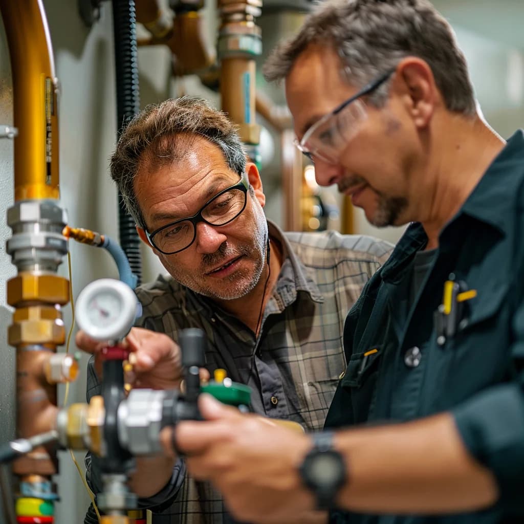 Two professional plumber are discussing.