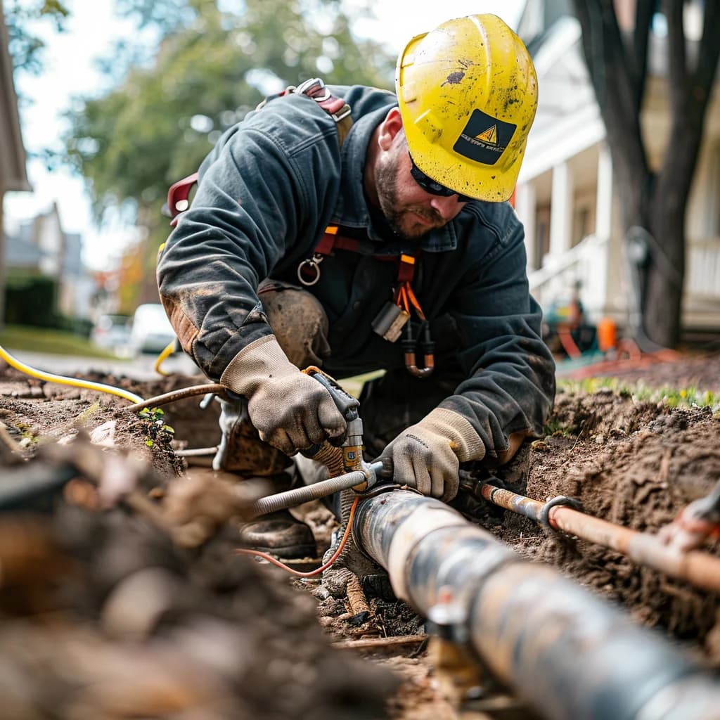 A professional plumber is working on a pipe in a trench.