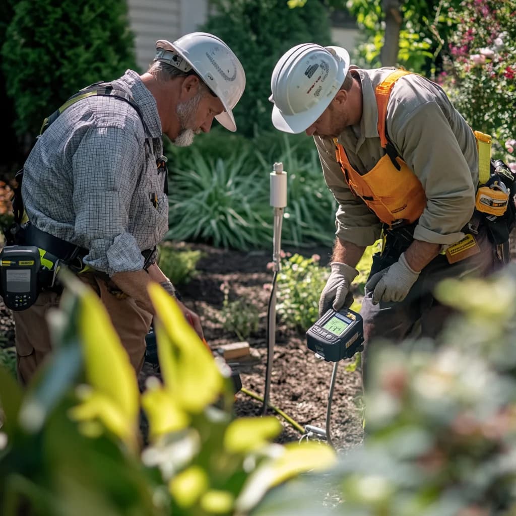Two professional plumbers are detecting main water line leaks.