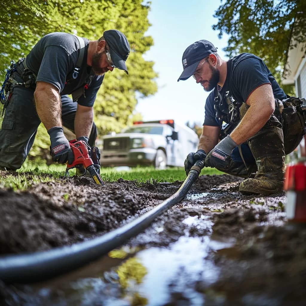 Two professional plumbers are repairing main water service in a street.