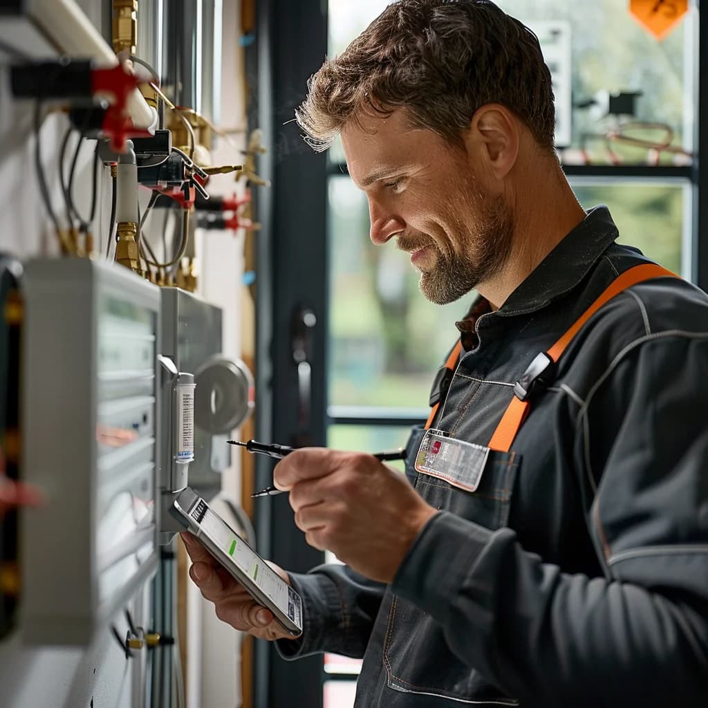 A professional plumber is installing a power saving water heater.