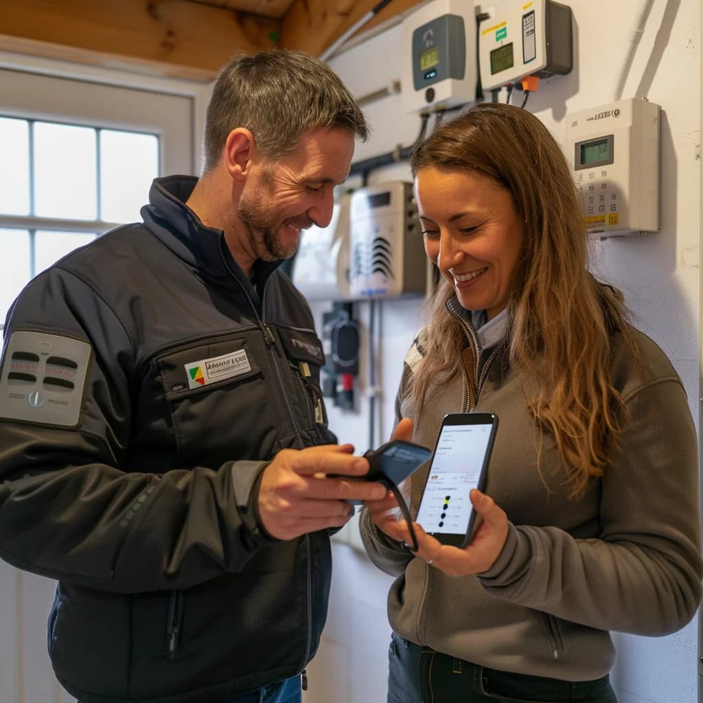 A woman is talking to a professional plumber after installing a power saving water heater