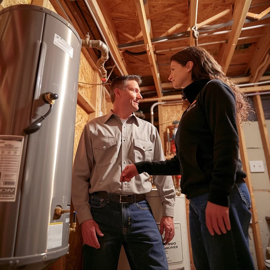 A couple are discussing in front of a power vent water heater.
