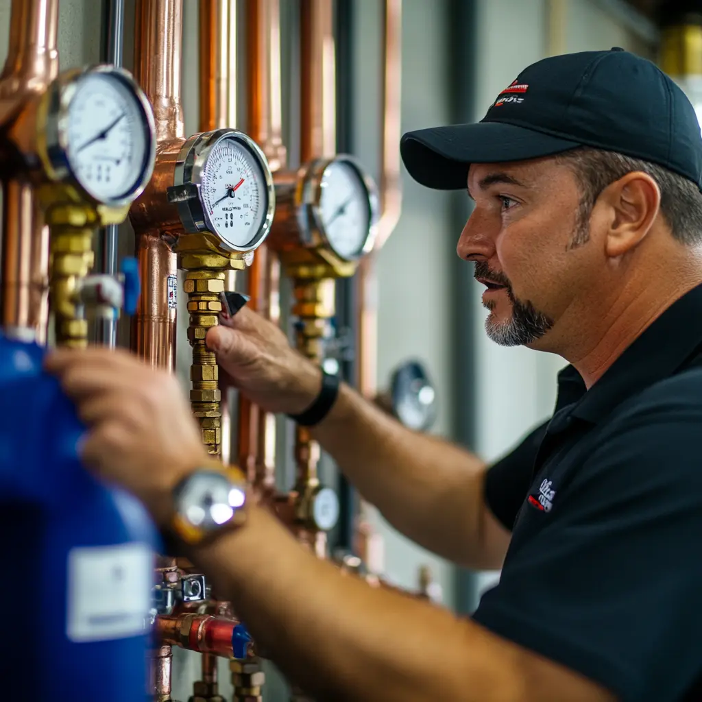 A  professional plumber is installing a pressure regulating valve.
