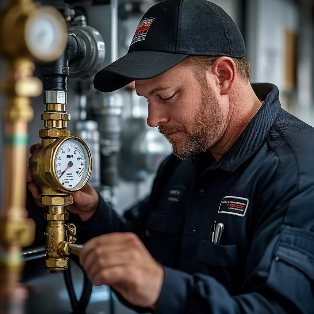 A professional plumber is installing a pressure regulating valve.