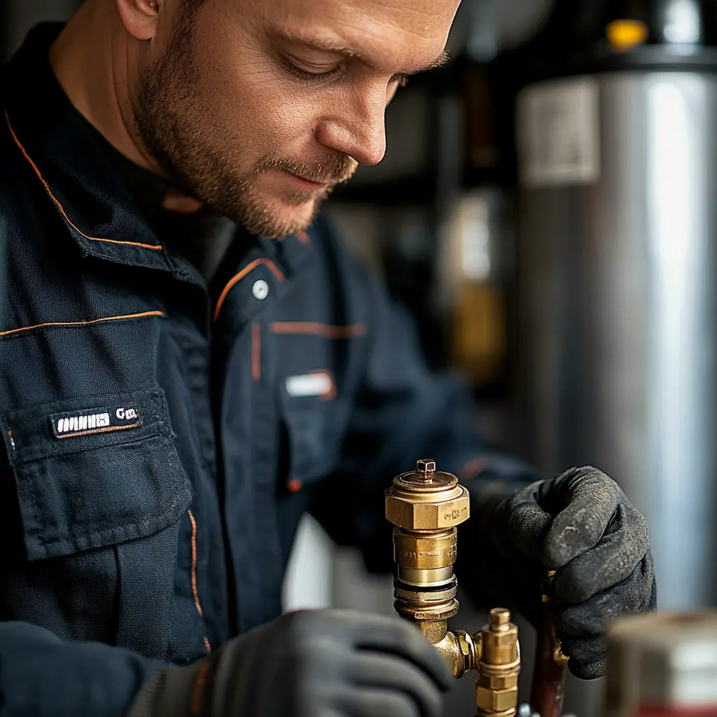 A professional plumber is replacing a pressure regulating valve.