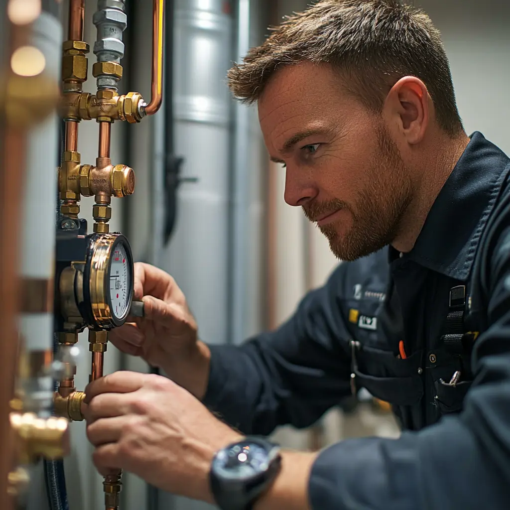 A professional plumber is replacing a pressure regulating valve.