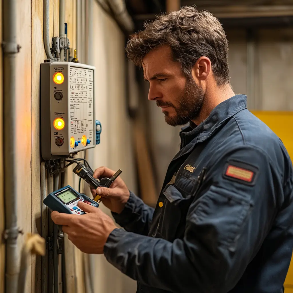 A professional plumber is installing a sewer pump alarm.