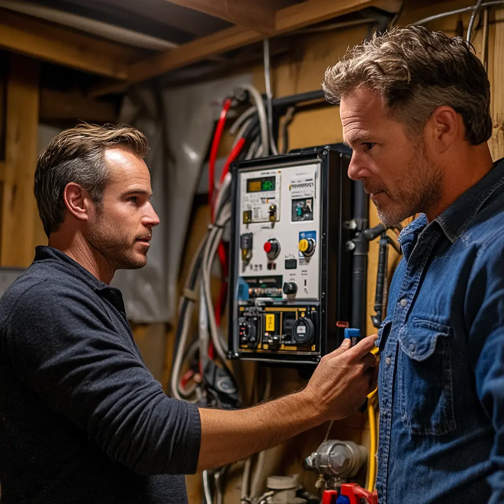 Two professional plumber are installing a sewer pump alarm.