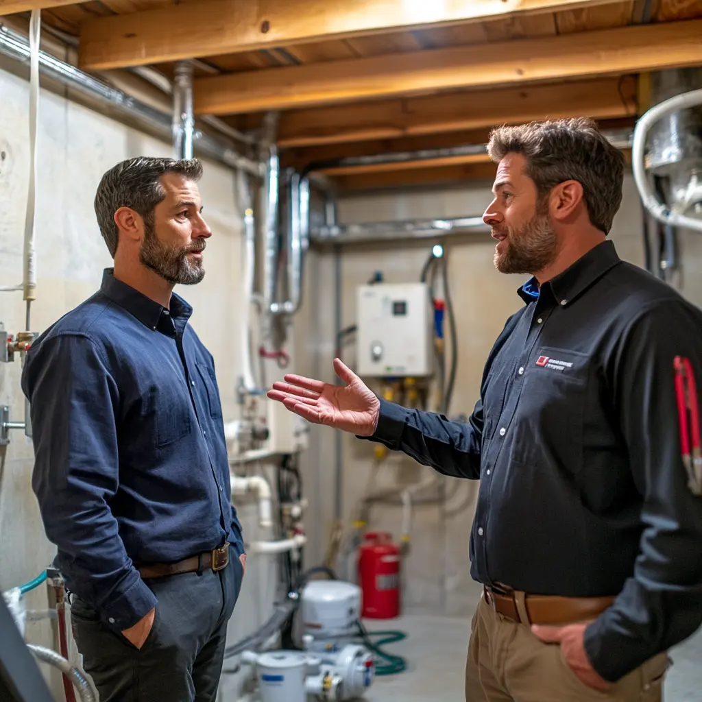 Two men discussing sewer pump installation.