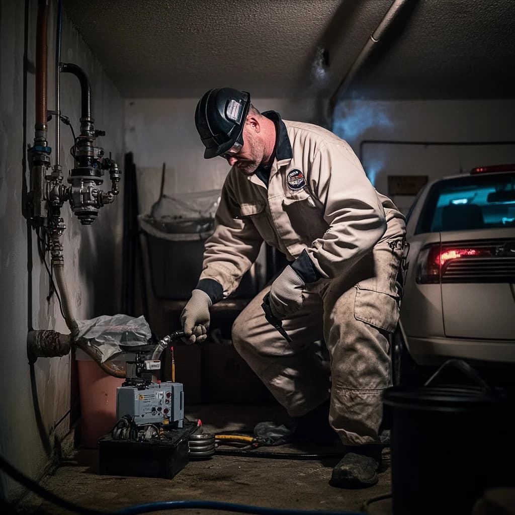 A professional plumber is repairing a sewer pump.