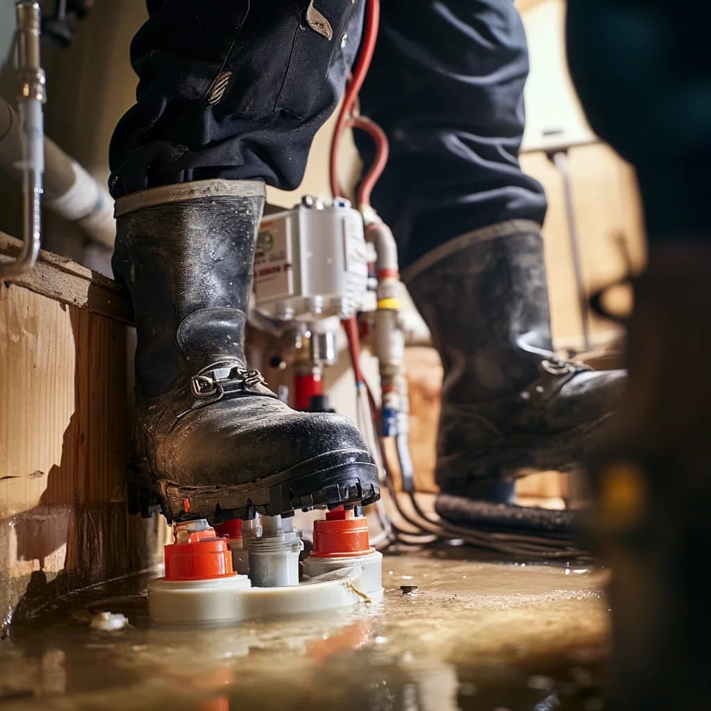 A professional plumber is repairing a sewer pump.