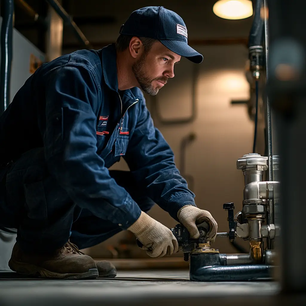 A professional plumber is replacing a sewer pump.