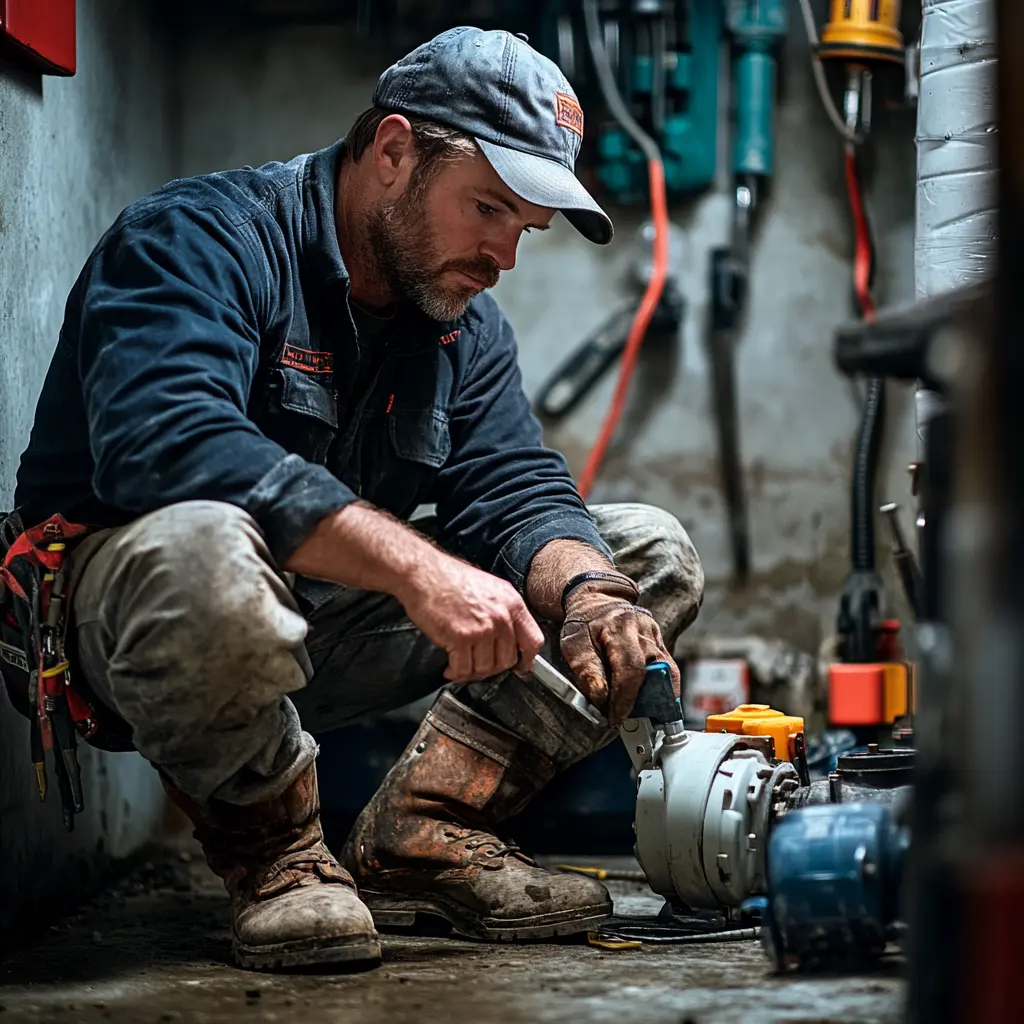 A professional plumber is replacing a sewer pump.