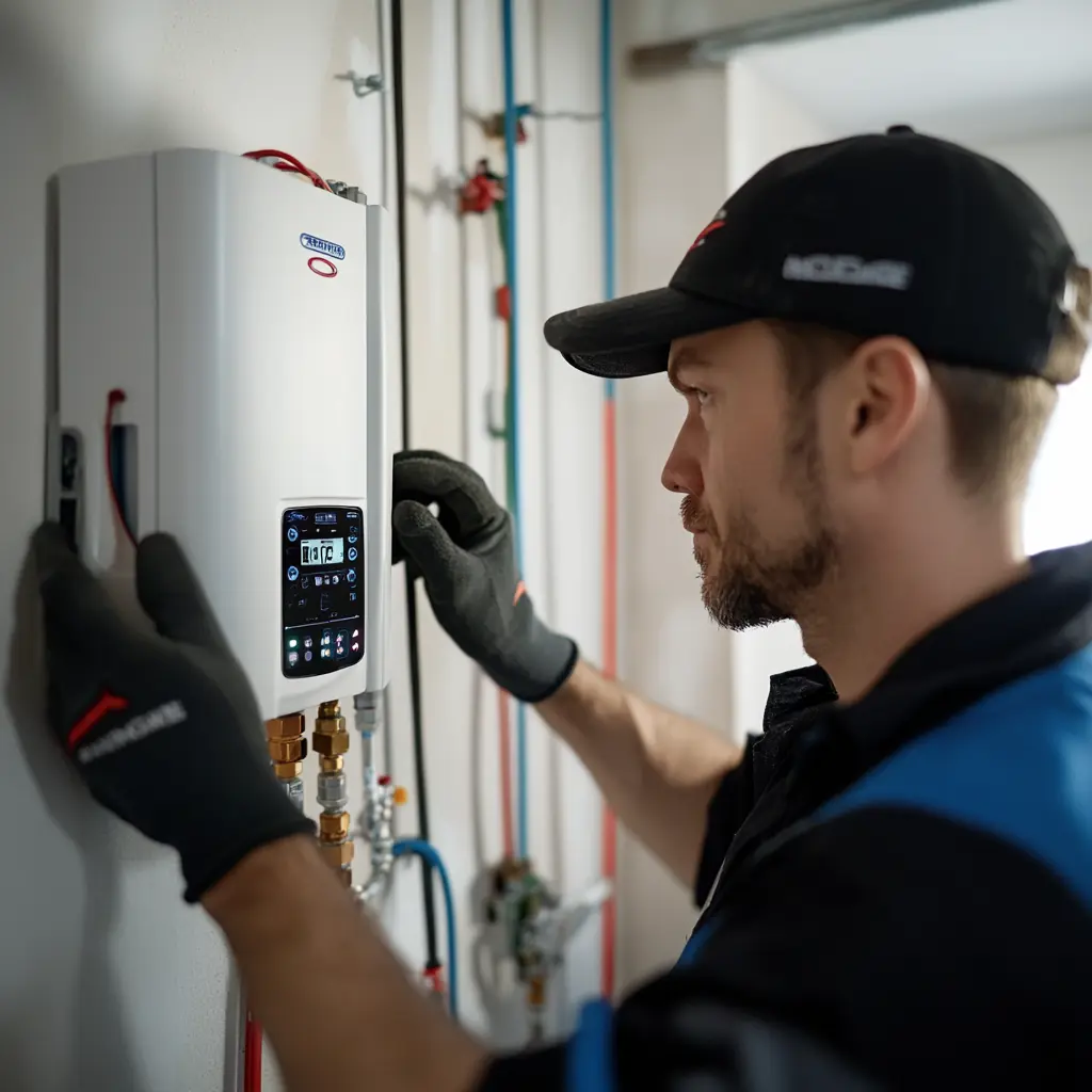 A professional plumber is working on a tankless water heater.