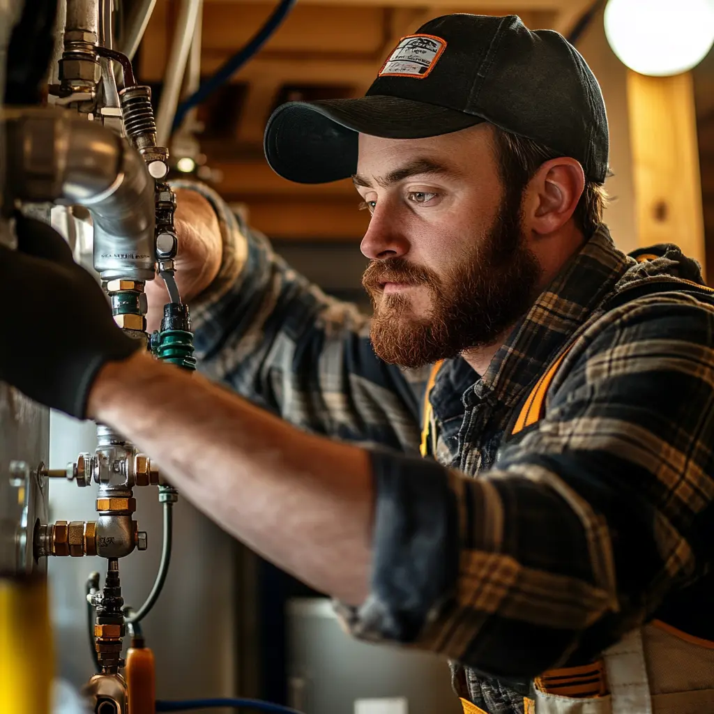 A professional plumber is working on a tankless water heater.
