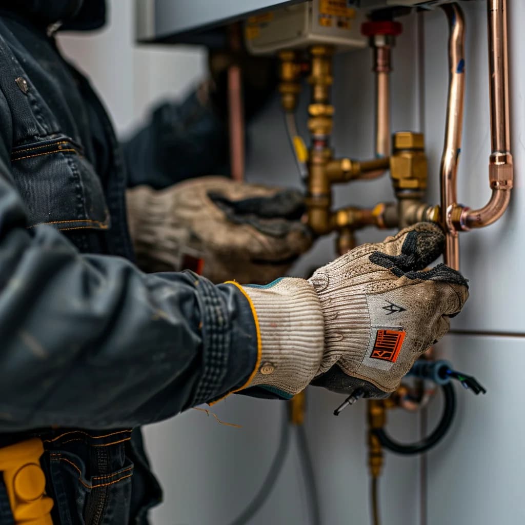 A professional plumber is repairing a tankless water heater.
