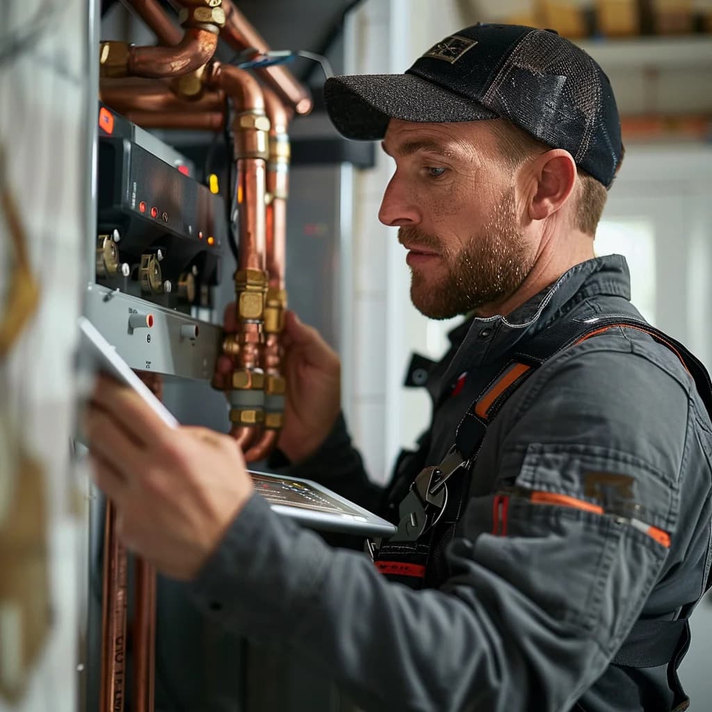 Close-up of a professional plumber wearing yellow safety gloves, using tools to perform maintenance on a tankless water heater, with additional tools laid out on the floor beside the unit.