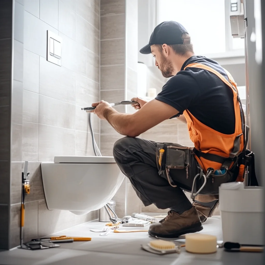 A professional plumber is working on toilet addition.