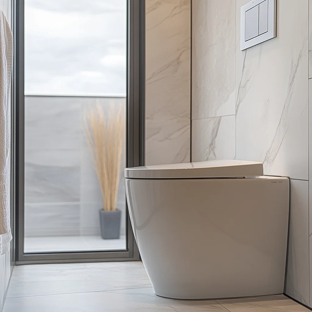 Modern bathroom with a sleek, white toilet set against dark cabinetry and a marble-patterned floor, with natural light streaming through a large window and green plants adding a touch of freshness.