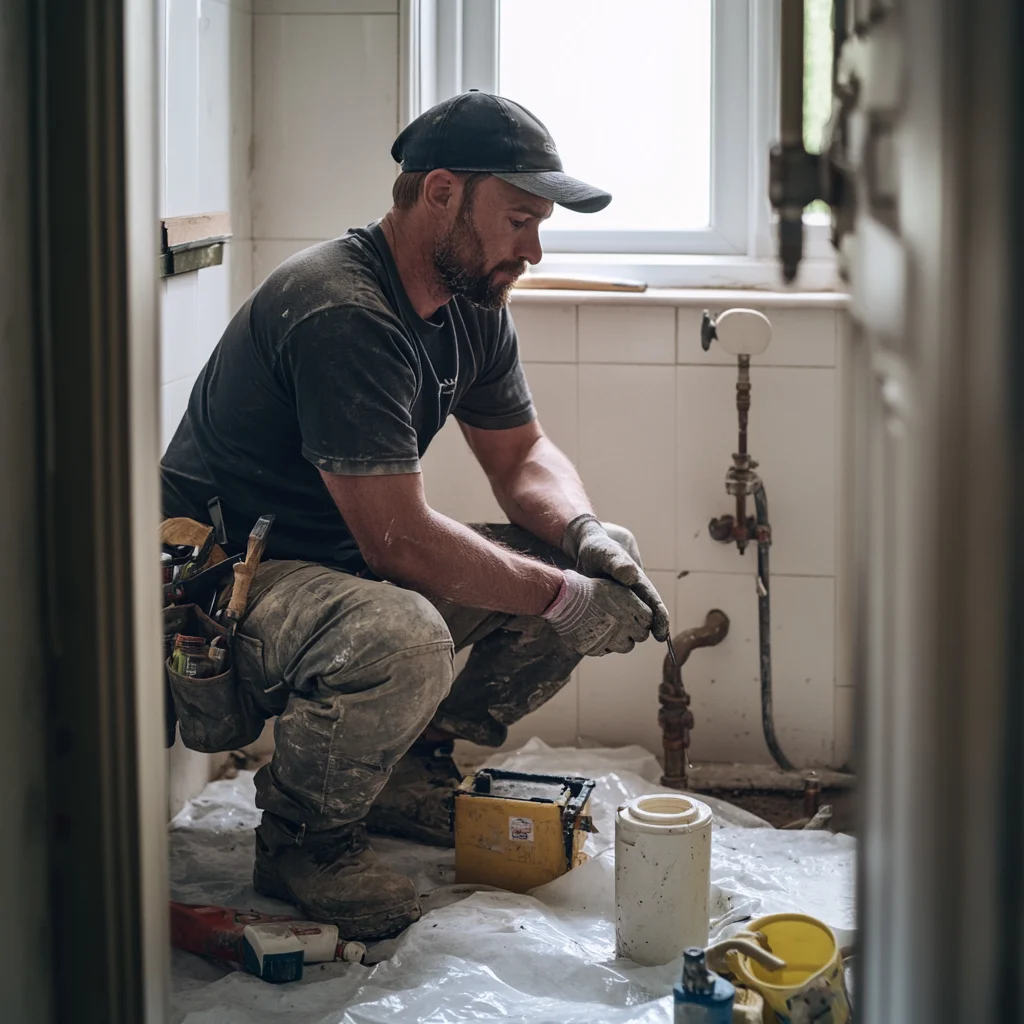 A professional plumber is installing toilet bidet.